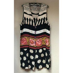 Vintage A.K.F. New York Large Button Front Mixed Print Sleeveless Tunic Vest Top